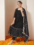 Janasya Women's Black Rayon Gold Printed Anarkali Kurta Set